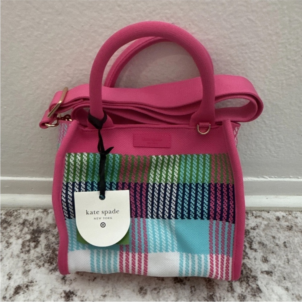 kate spade new york Pink Plaid Small Satchel Top Handle Crossbody Strap Gold - Picture 1 of 4